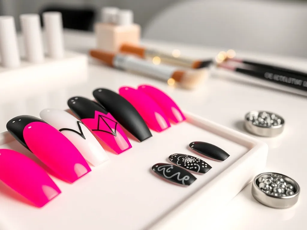 Paznokcie neonowy róż z czarnym - pomysły i inspiracje