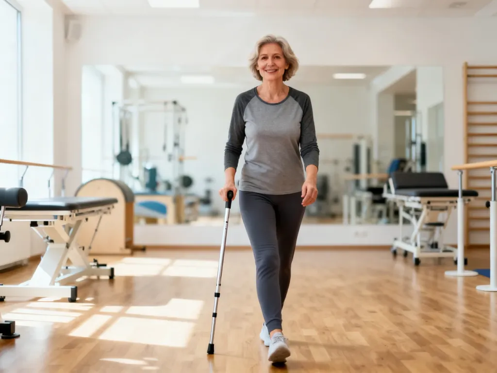 Kobieta w średnim wieku pewnie porusza się przy pomocy laski ortopedycznej w nowoczesnym gabinecie rehabilitacyjnym.