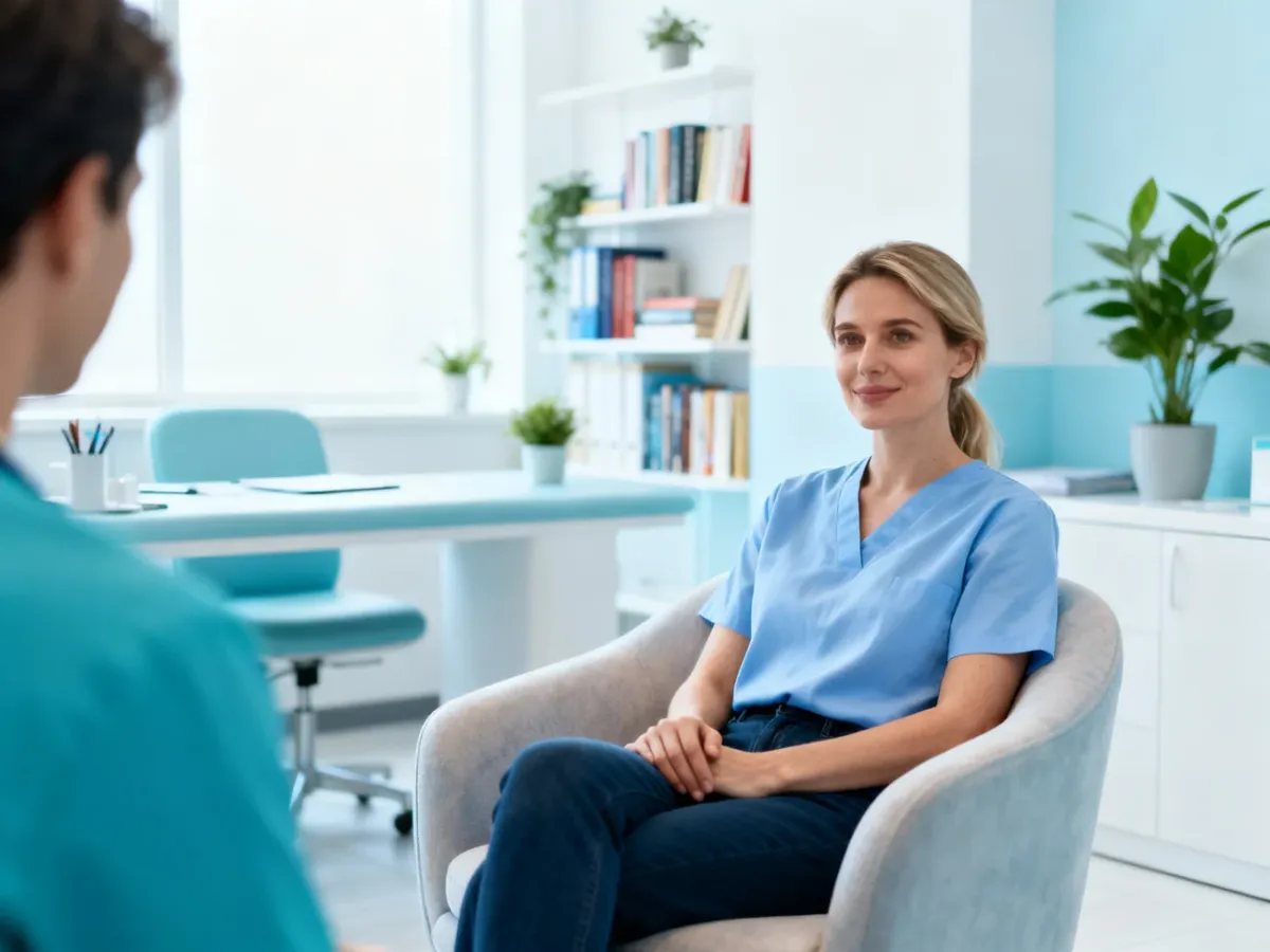 Pacjentka podczas spokojnej rozmowy w przyjaznym gabinecie psychiatrycznym.