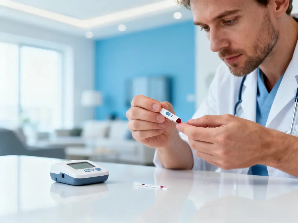 Mężczyzna wykonujący domowy test na poziom kwasu moczowego przy użyciu specjalistycznego urządzenia i paska testowego.
