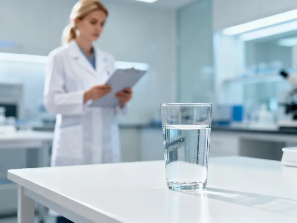 Szklanka czystej wody na medycznym stole w nowoczesnym laboratorium. Obraz ilustruje zasady przygotowania do badania krwi.