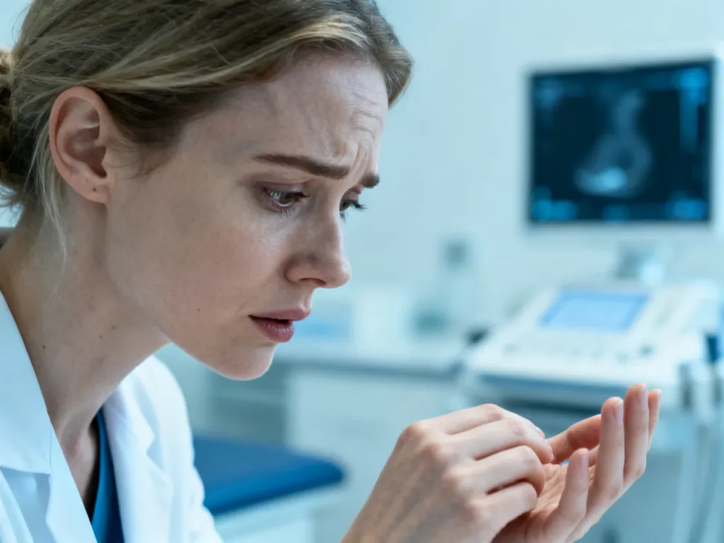Zatroskana kobieta przyglądająca się swoim dłoniom w gabinecie lekarskim, co nawiązuje do diagnostyki łuszczycowego zapalenia stawów.