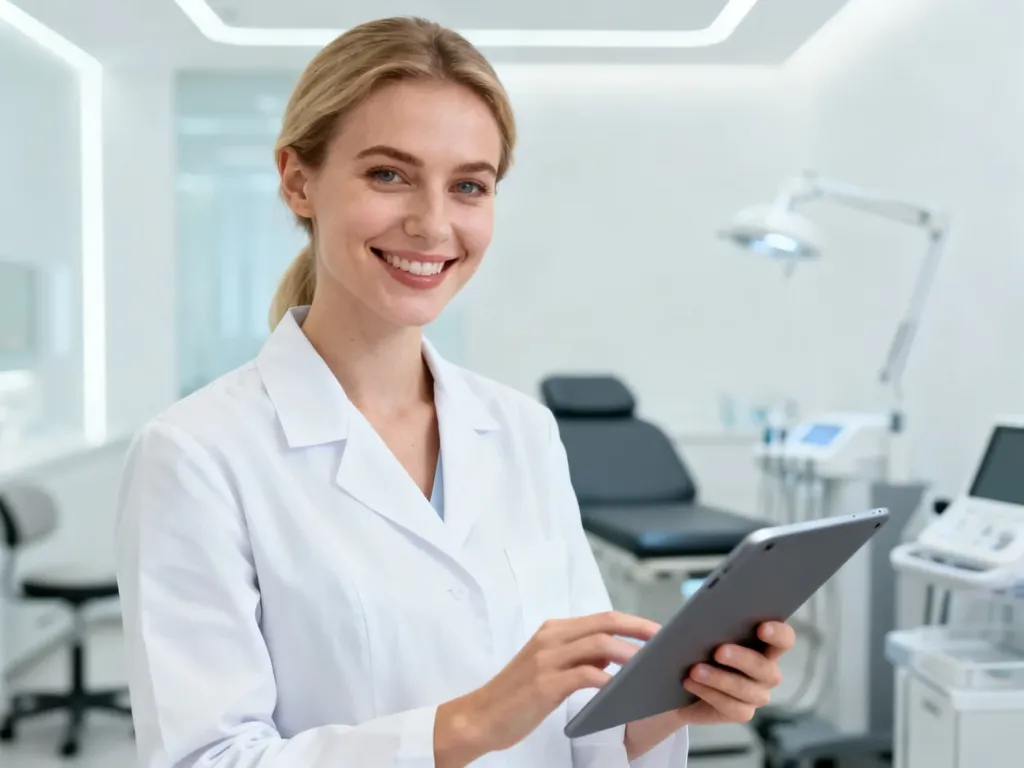 Uśmiechnięta dermatolog w białym fartuchu z tabletem w nowoczesnym gabinecie lekarskim.
