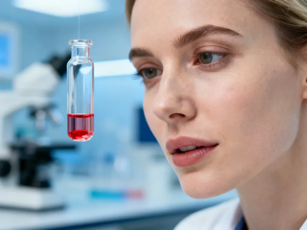 Kobieta w laboratorium przygląda się fiolce z krwią, co ilustruje proces badania morfologii i składu krwi.