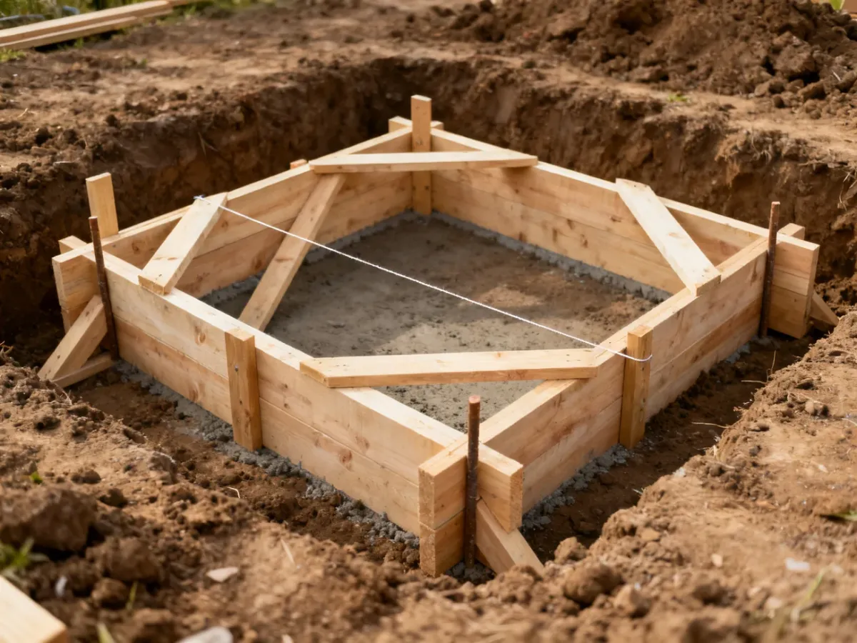 Drewniany szalunek fundamentowy ustawiony według wytyczonego obrysu