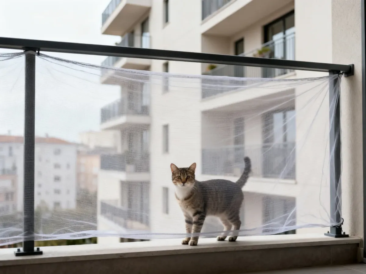 Balkon z zamontowaną siatką ochronną i kotem