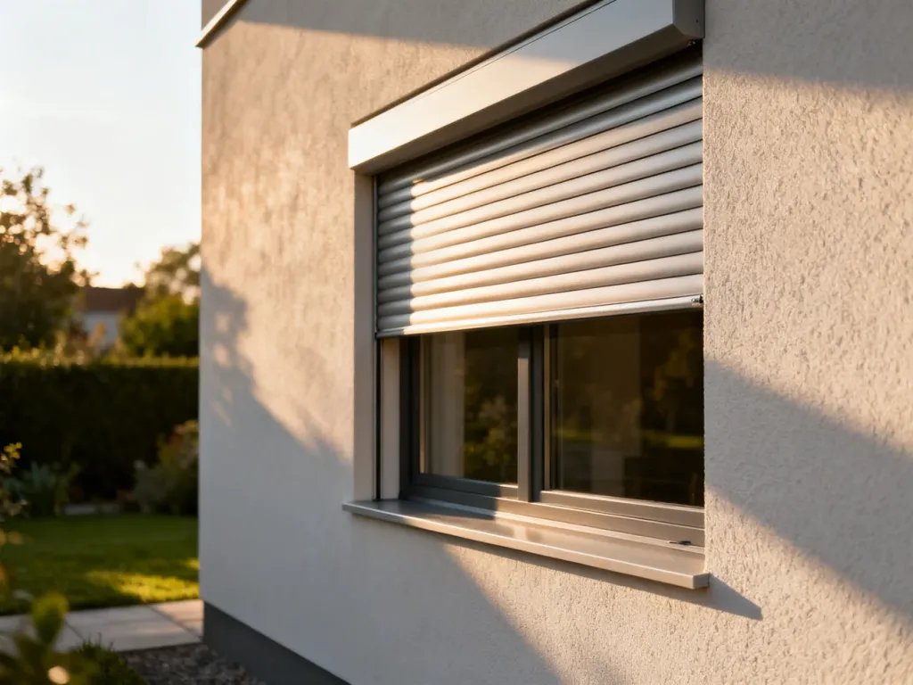 Nowoczesne okno z częściowo opuszczonymi roletami aluminiowymi na tle minimalistycznej elewacji domu.