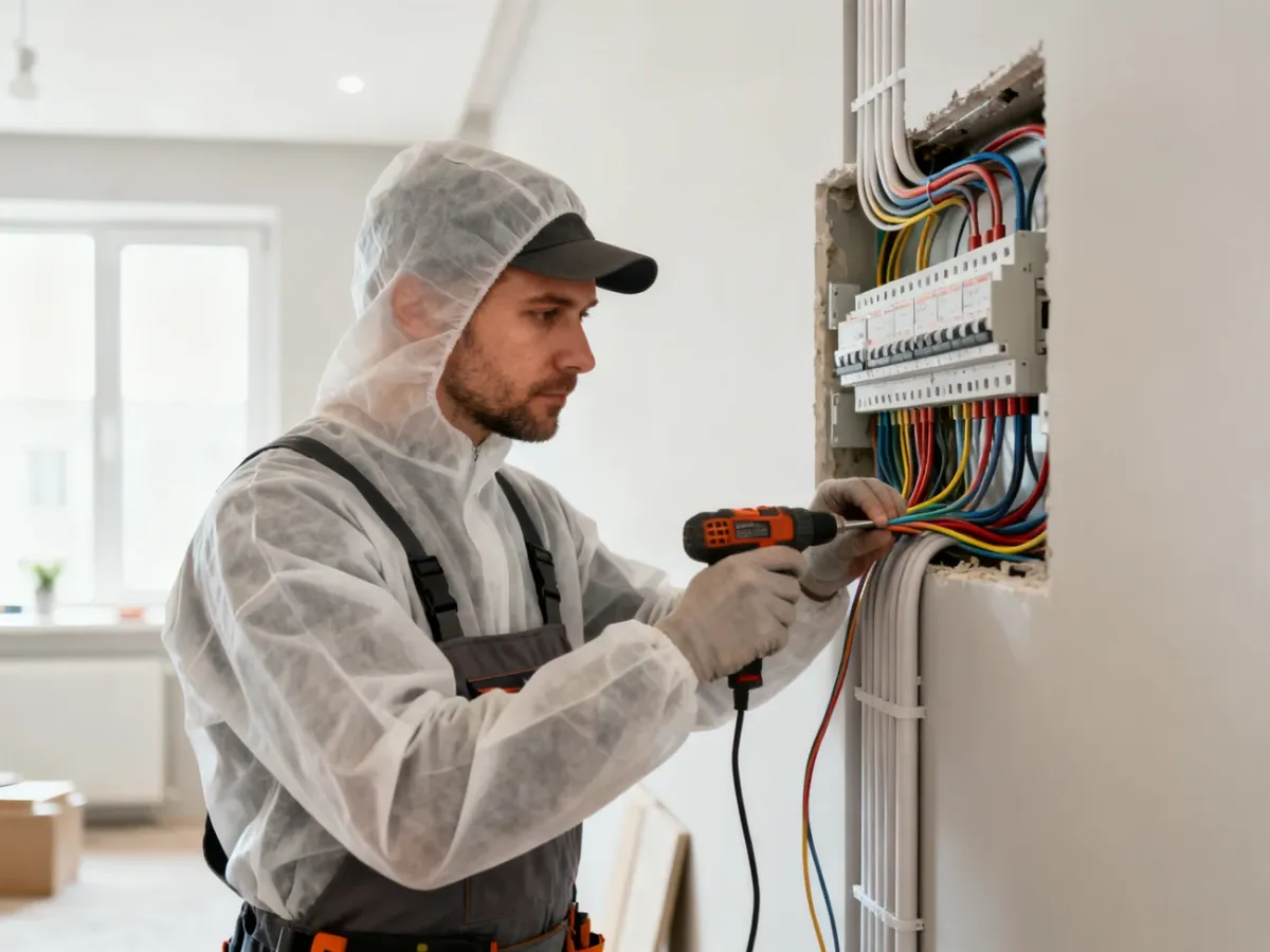 Elektryk montujący nową instalację i rozdzielnicę w remontowanym mieszkaniu