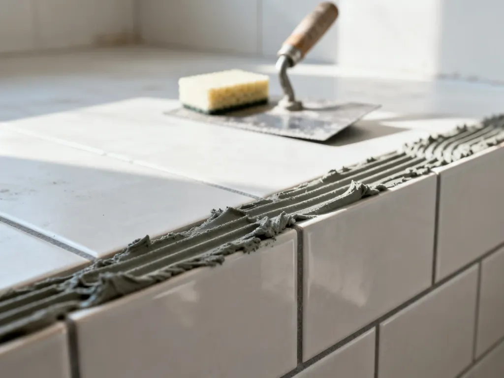 Zbliżenie na świeżo położone płytki ceramiczne z widoczną warstwą kleju w spoinach, gotowe do fugowania.