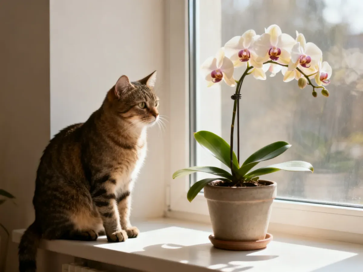 Kot obserwujący kwitnącego storczyka Phalaenopsis na parapecie