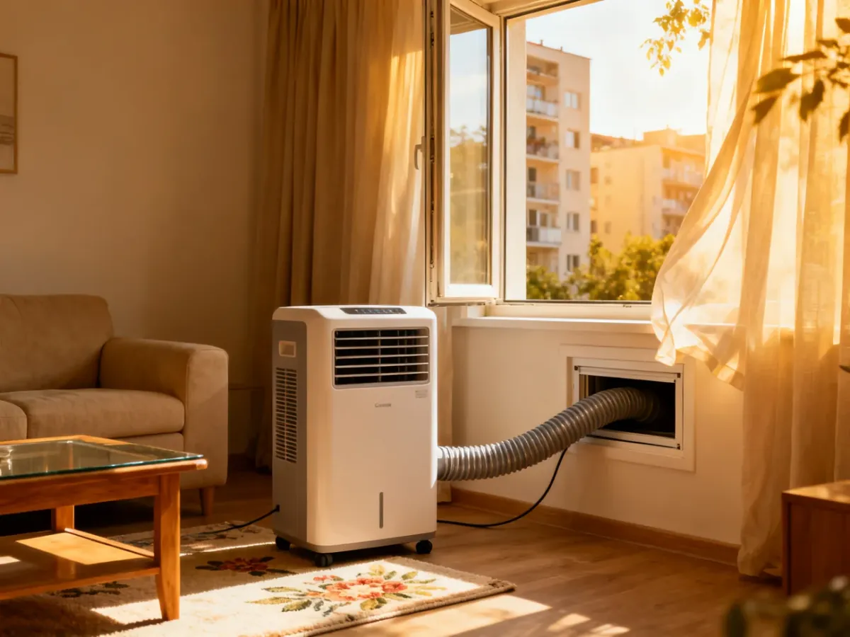 Klimatyzator przenośny przy oknie w mieszkaniu