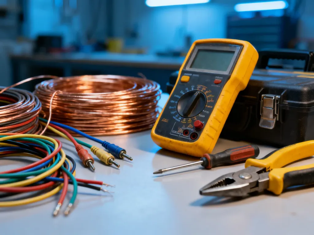 Profesjonalny stół warsztatowy elektryka z narzędziami, przewodami i multimetrem gotowymi do prac instalacyjnych.