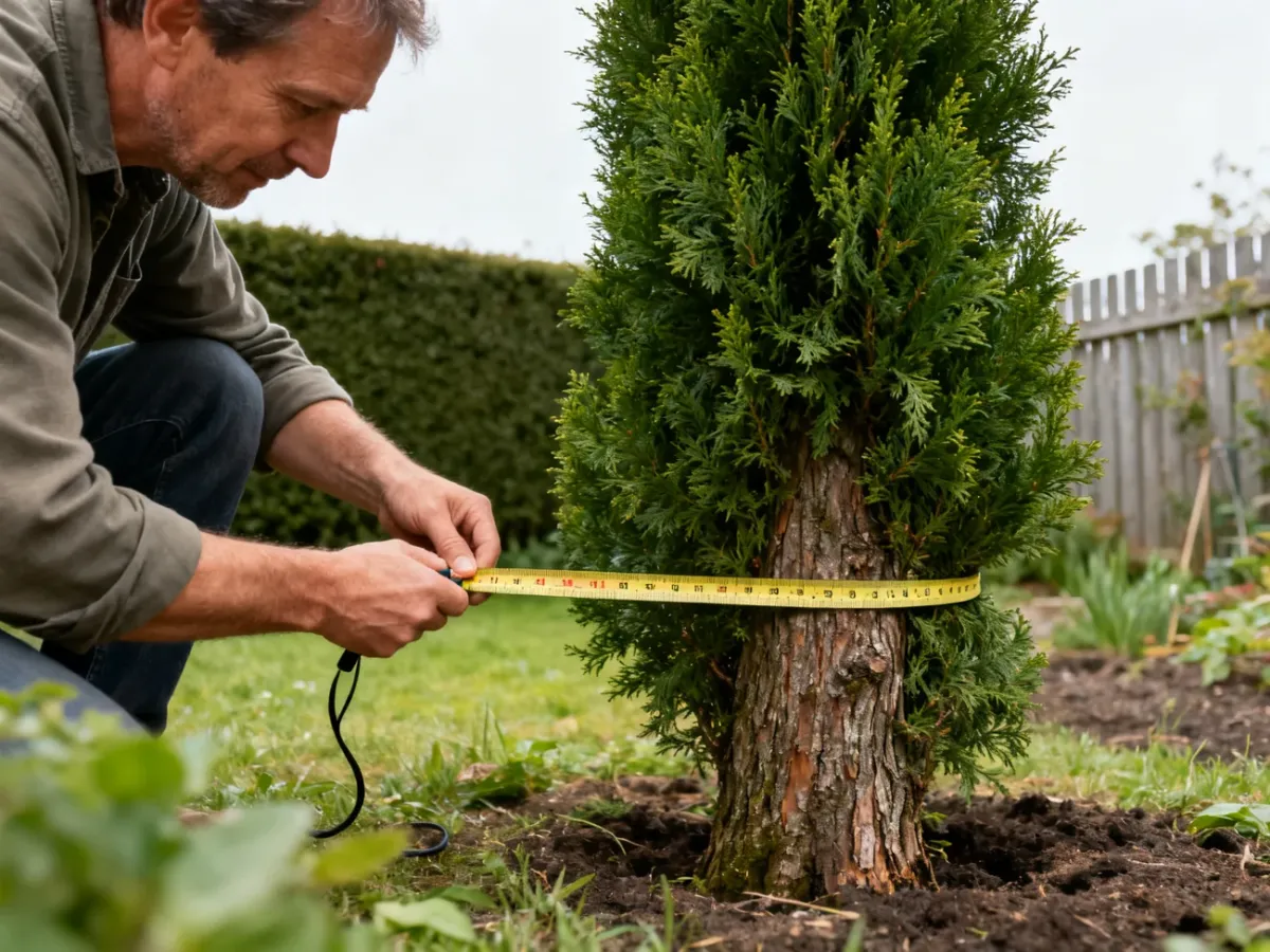 Pomiar obwodu pnia tui taśmą mierniczą 5 cm nad ziemią