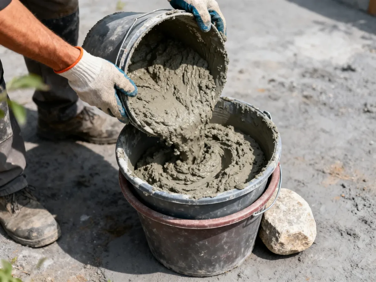 Wypełnianie betonem formy z dwóch wiader