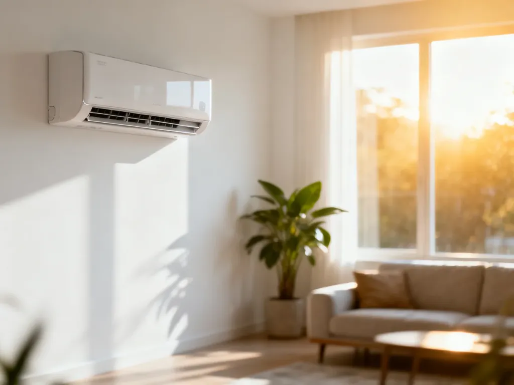 Nowoczesny klimatyzator ścienny zamontowany w jasnym, minimalistycznym salonie w bloku.