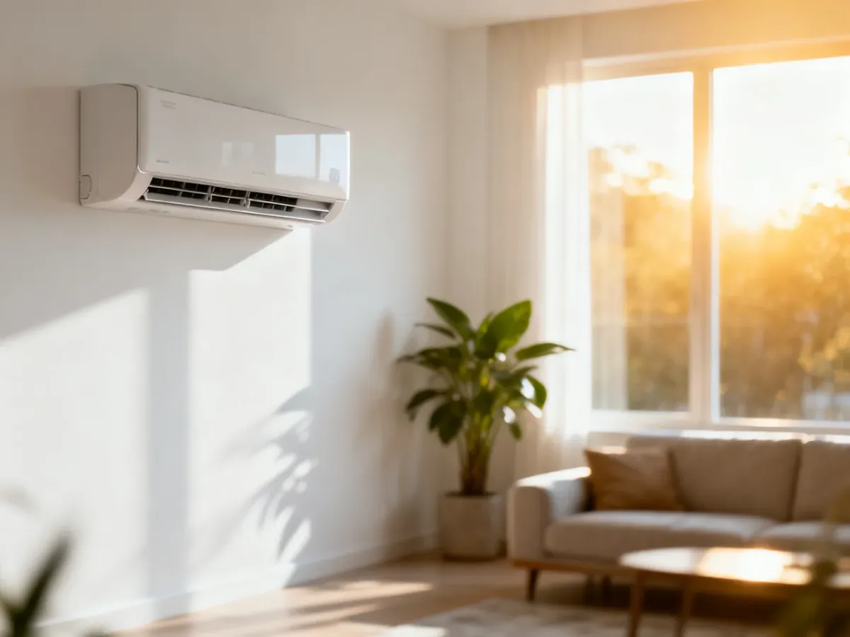 Nowoczesny klimatyzator ścienny zamontowany w jasnym, minimalistycznym salonie w bloku.