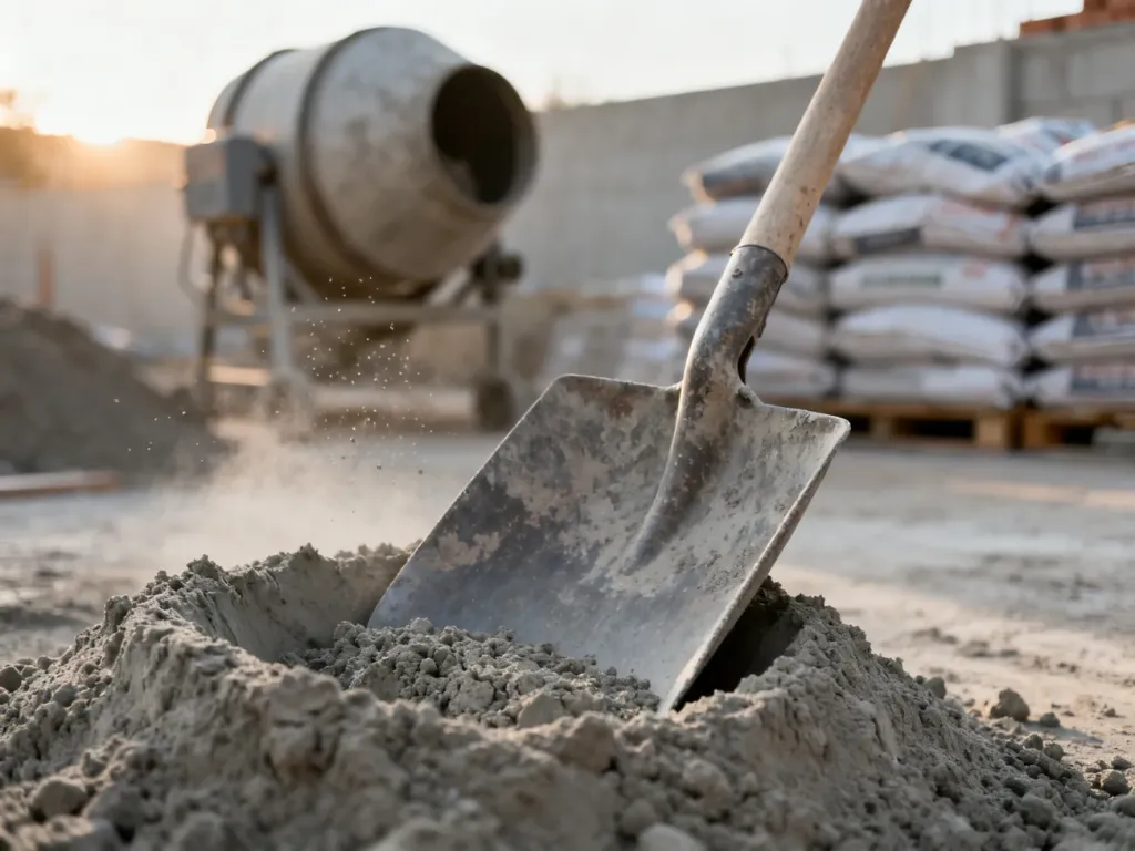 Szara łopata wbita w stertę cementu na placu budowy, z betoniarką i workami z materiałami w tle.