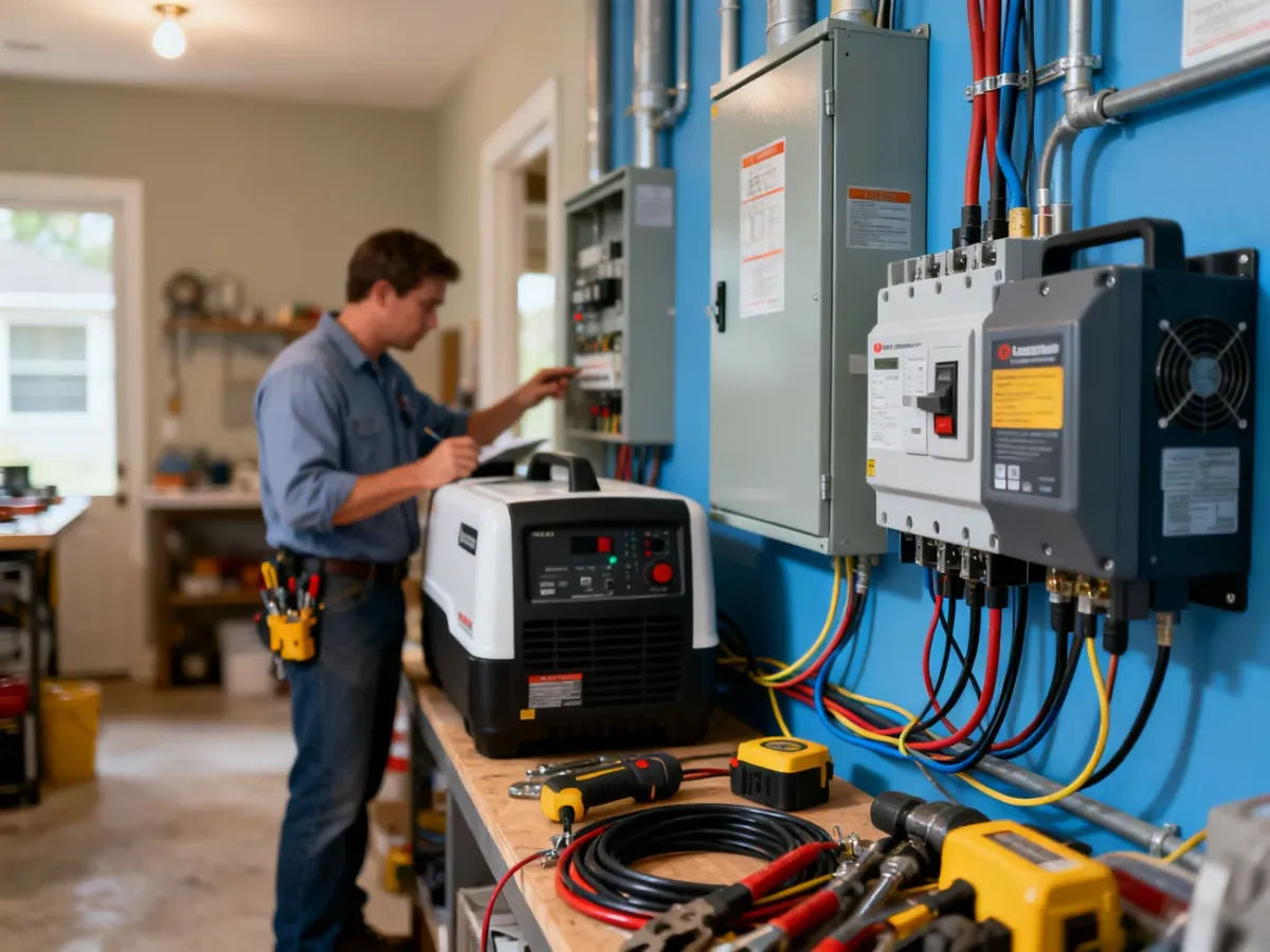 Elektryk sprawdzający rozdzielnicę z przełącznikiem zasilania awaryjnego