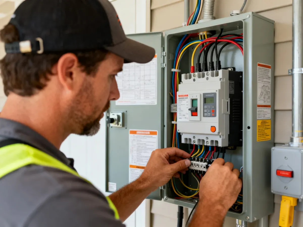 Elektryk montujący przełącznik sieć–0–agregat w rozdzielnicy