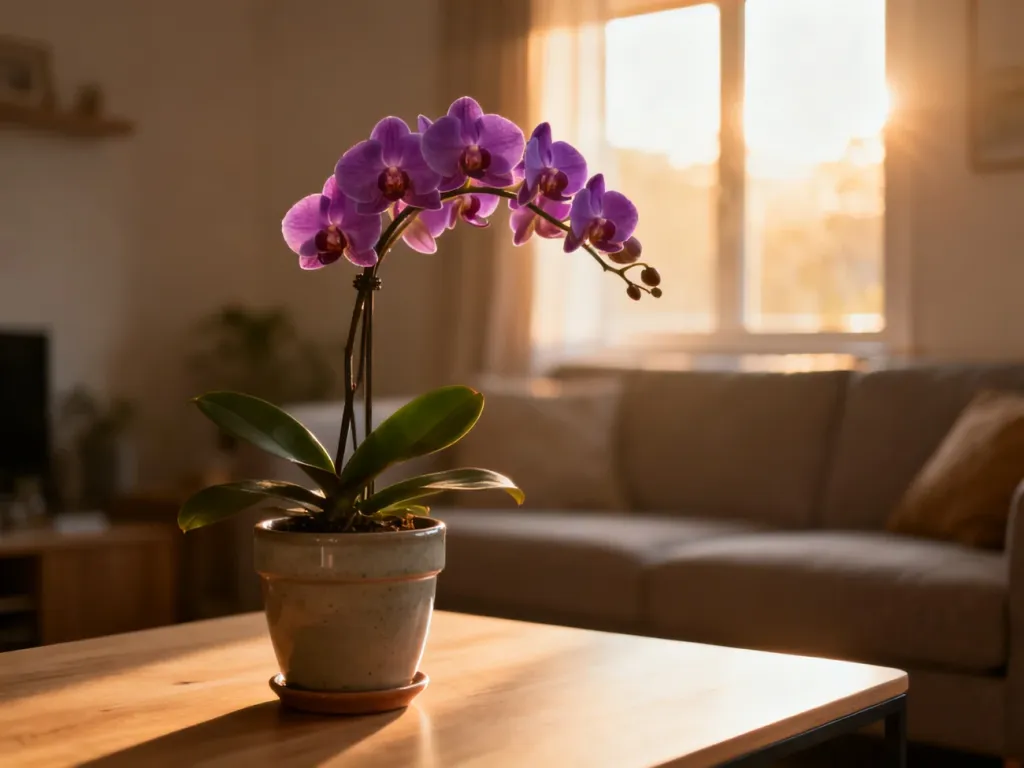 Zdrowy storczyk Phalaenopsis w ceramicznej doniczce na drewnianym stole w słonecznym salonie.