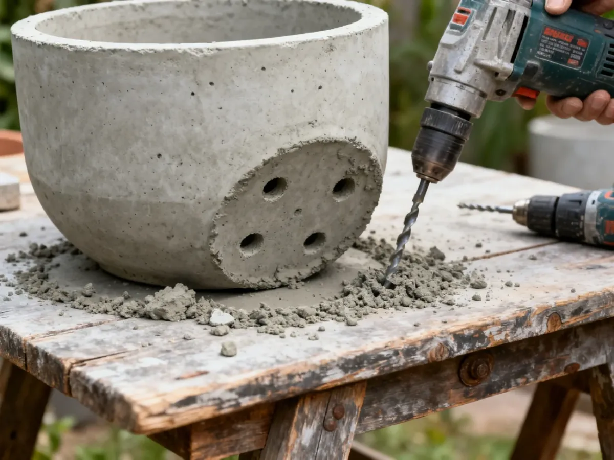Wiercenie otworów odpływowych w betonowej donicy