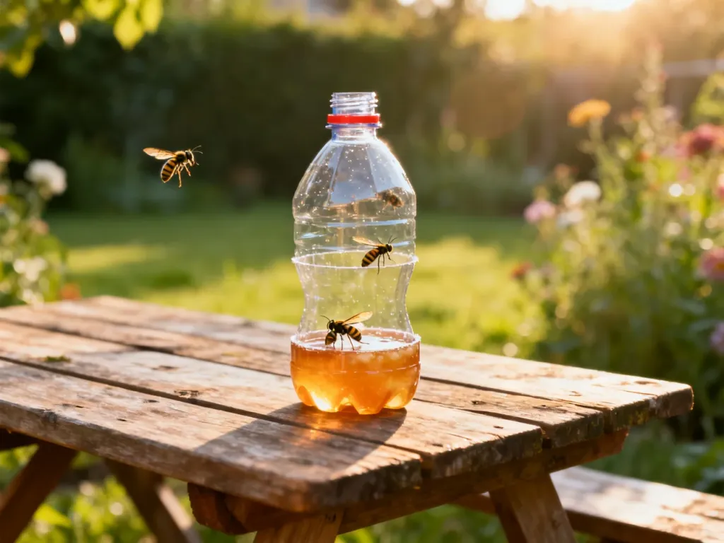 Własnoręcznie wykonana pułapka na osy z plastikowej butelki z przynętą, ustawiona na drewnianym stole w ogrodzie.