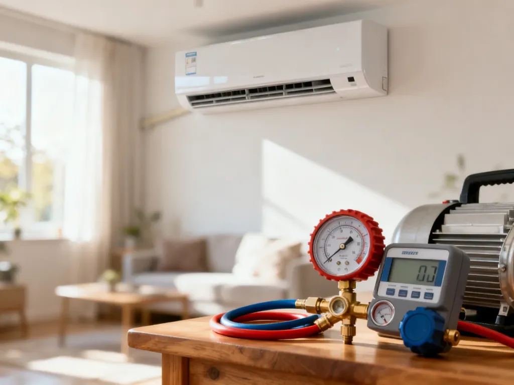 Nowoczesny klimatyzator ścienny w salonie oraz zestaw specjalistycznych narzędzi serwisowych przygotowanych do przeglądu.
