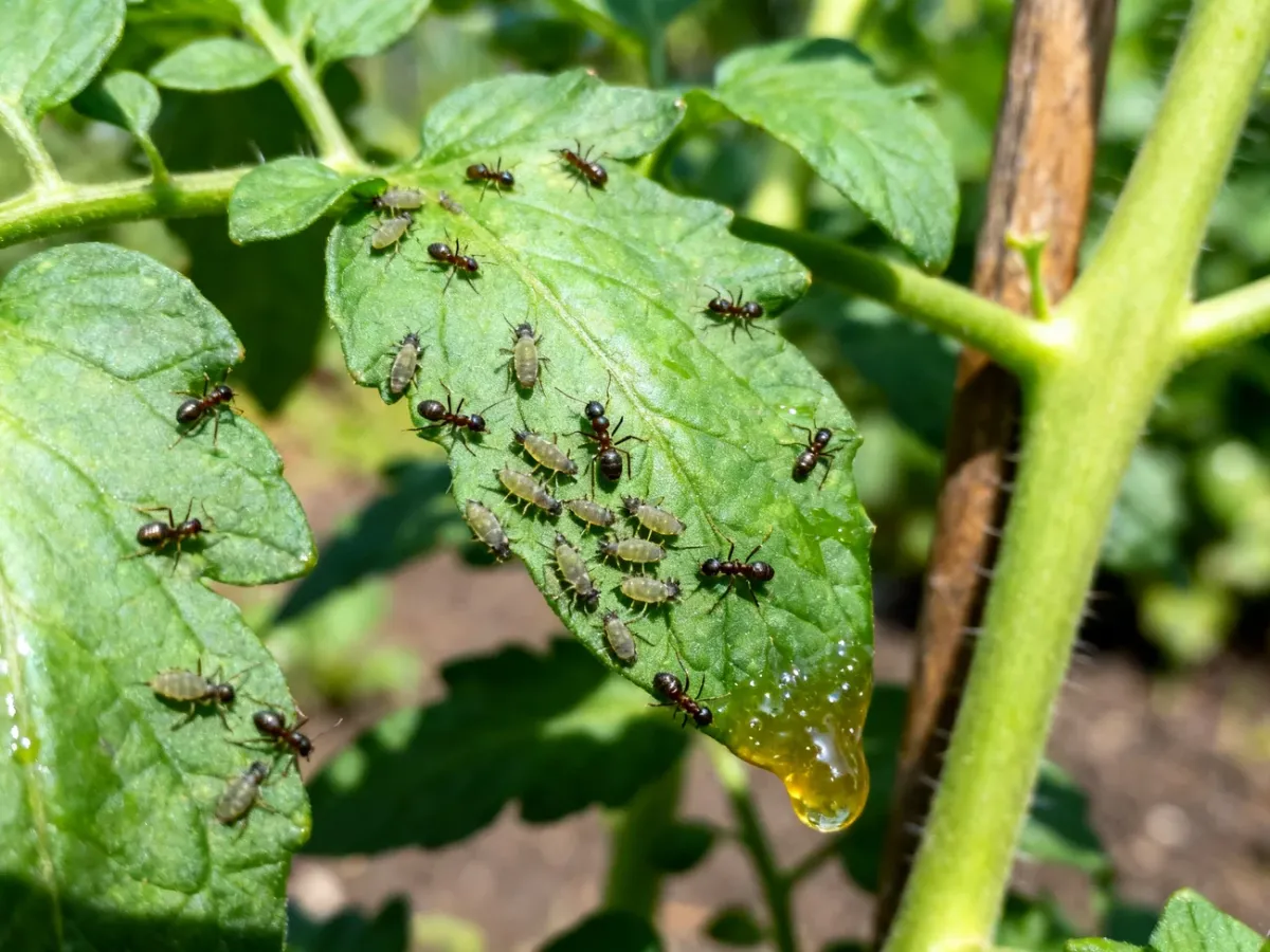 Mszyce żerujące pod liśćmi pomidora