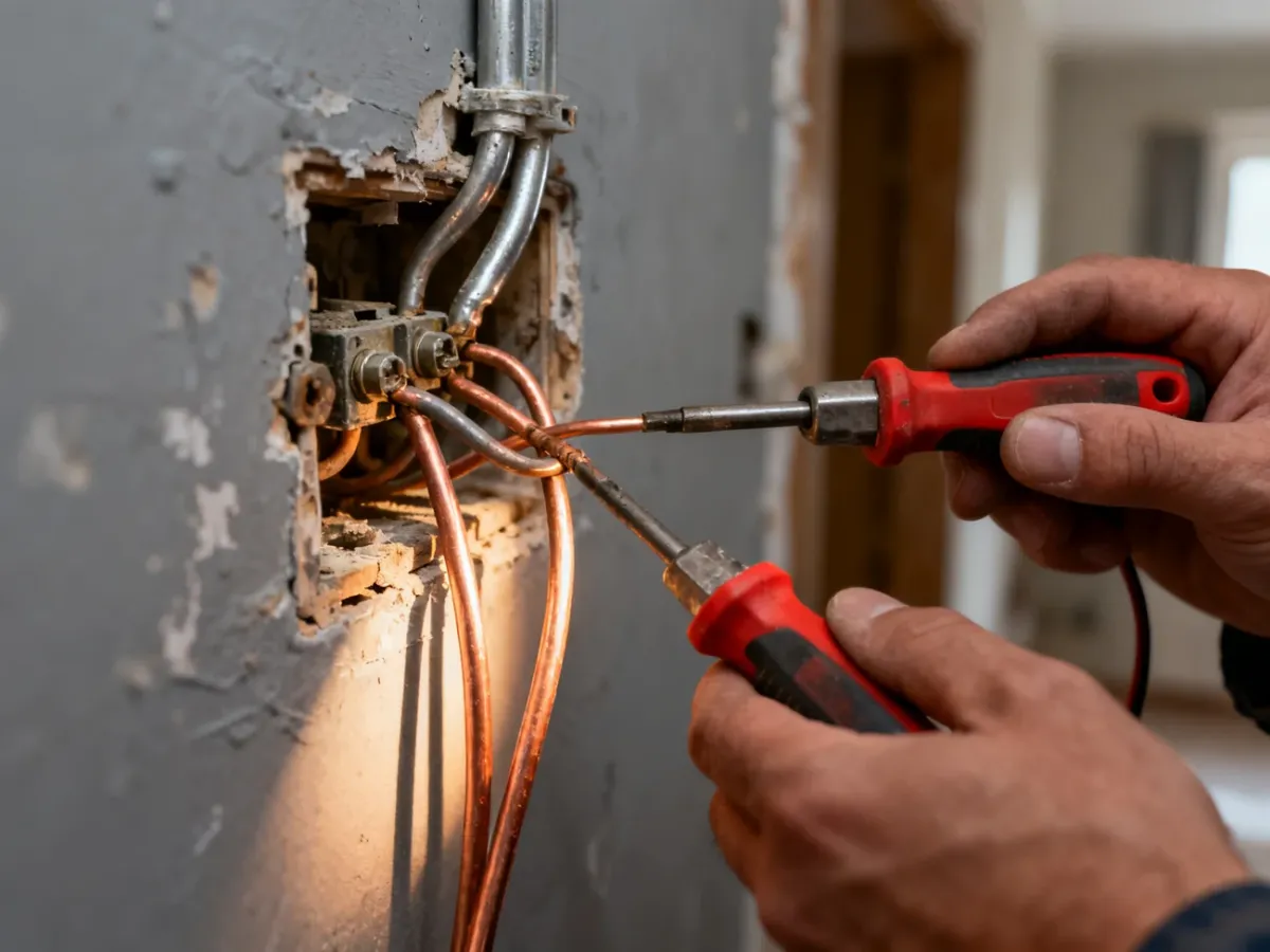 Porównanie starego przewodu aluminiowego z nowym przewodem miedzianym podczas kontroli instalacji