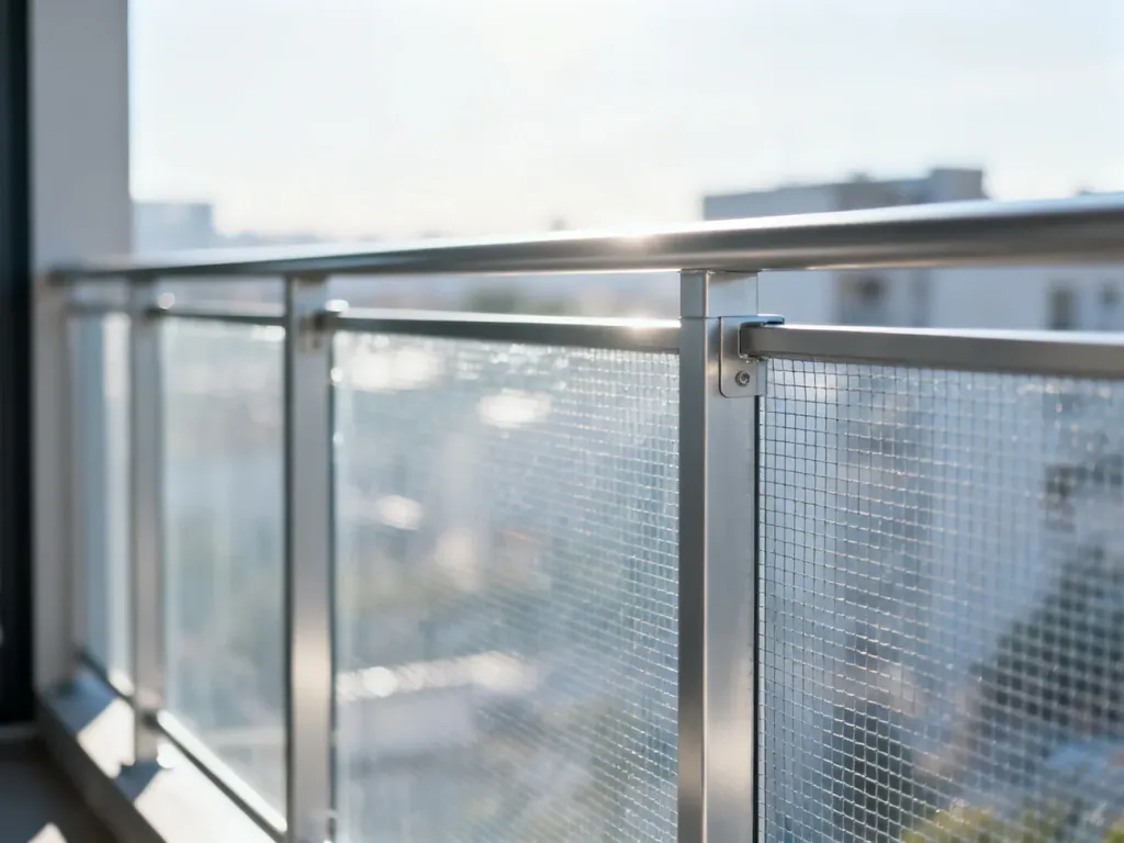 Przezroczysta siatka zabezpieczająca starannie zamontowana na balustradzie nowoczesnego balkonu w mieście.
