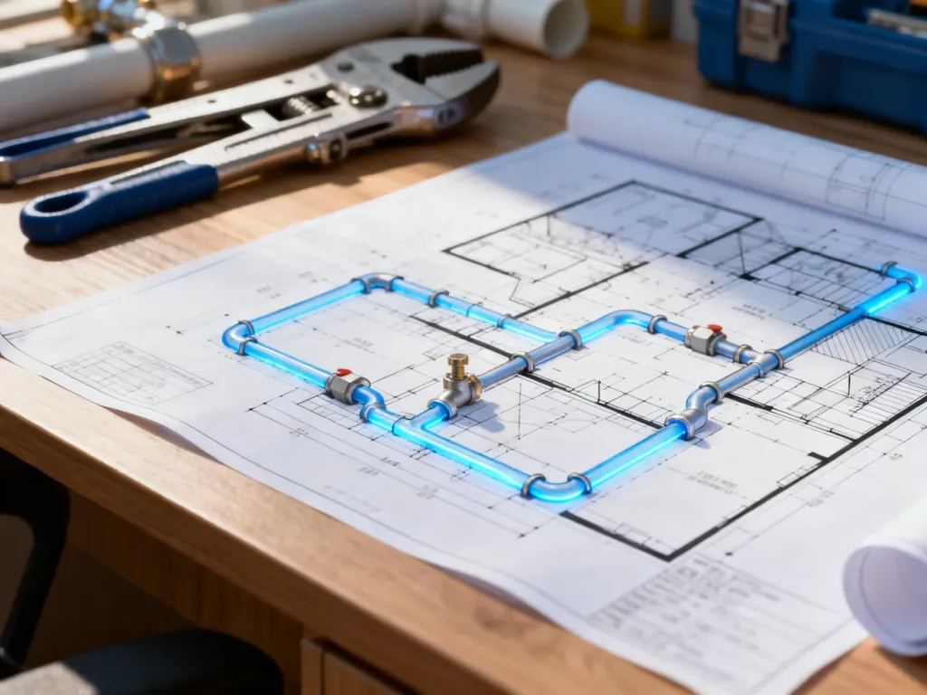 Techniczny schemat instalacji wodno-kanalizacyjnej w domu jednorodzinnym rozłożony na biurku wraz z narzędziami hydraulicznymi.