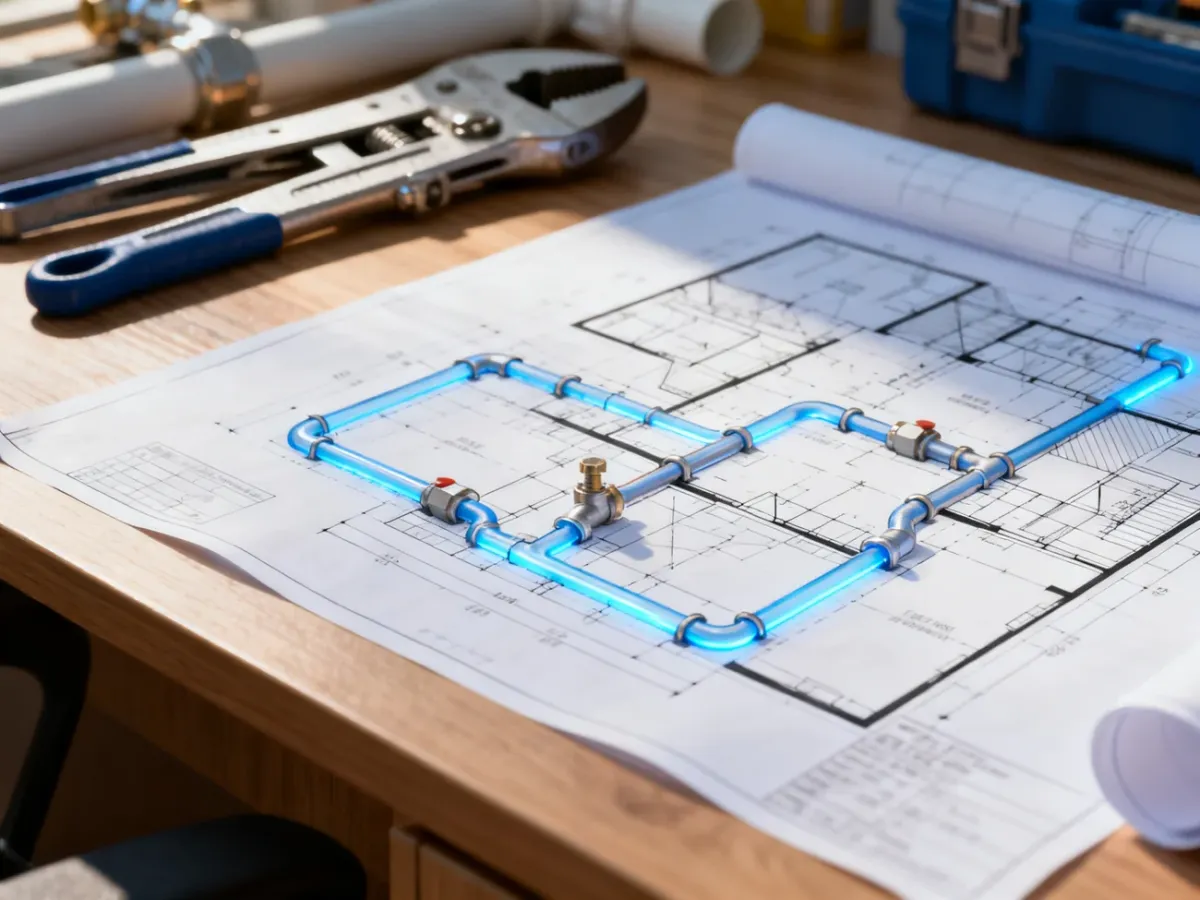 Techniczny schemat instalacji wodno-kanalizacyjnej w domu jednorodzinnym rozłożony na biurku wraz z narzędziami hydraulicznymi.