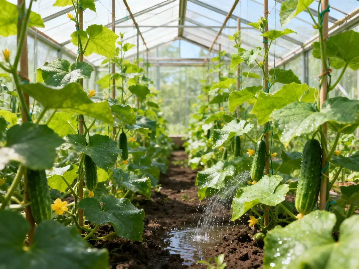 Zdrowe, przewiewnie posadzone ogórki podlewane przy podłożu
