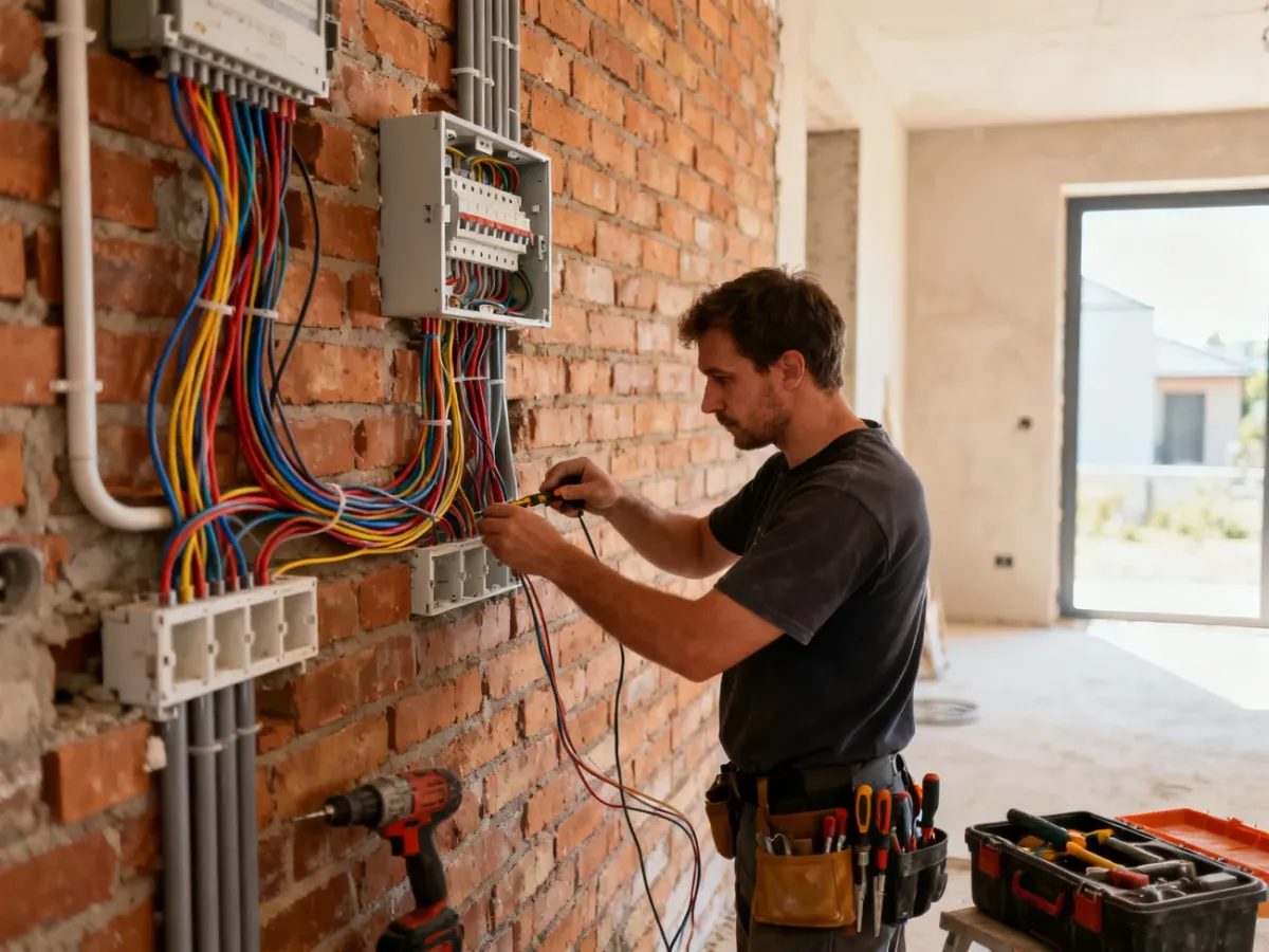 Elektryk układający przewody i puszki w domu przed tynkowaniem