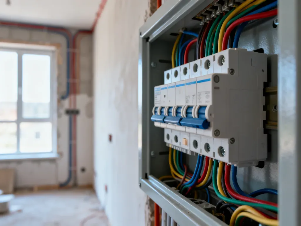 Nowoczesna rozdzielnica elektryczna z uporządkowanym okablowaniem w domu w trakcie budowy.