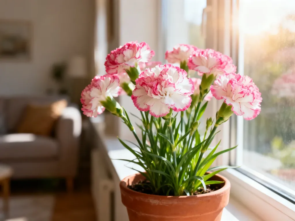 Kwitnący goździk w terakotowej doniczce na słonecznym parapecie, podkreślający domową uprawę roślin.
