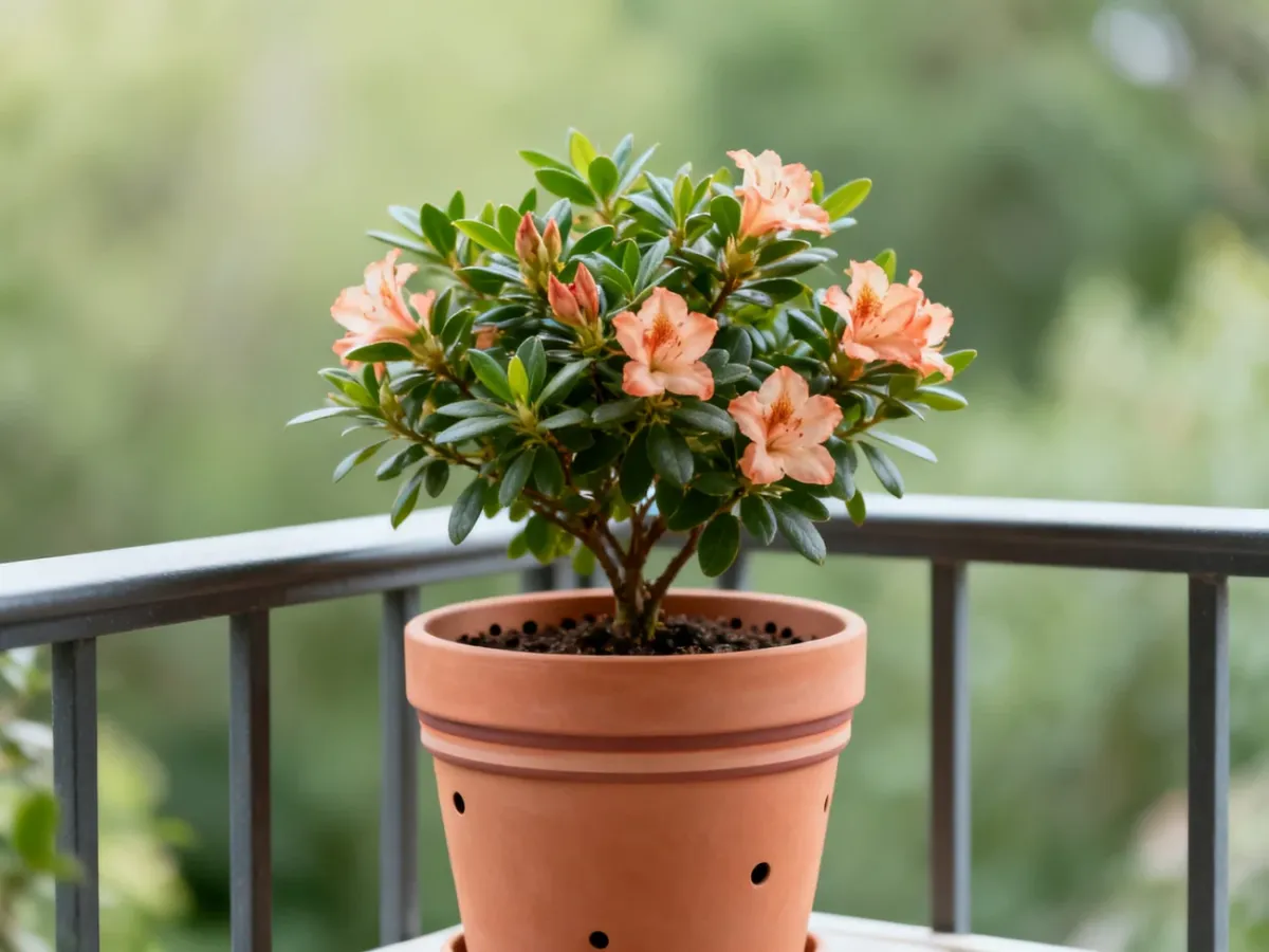 Kompaktowy rododendron w donicy na balkonie